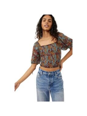 Free People Back On Cropped Top Short Sleeve Floral Black Size Large